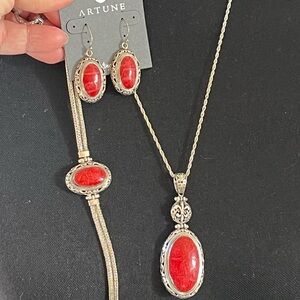 925 VTG Oval Real Red Coral & Silver Necklace Pendant, Bracelet & Earring set